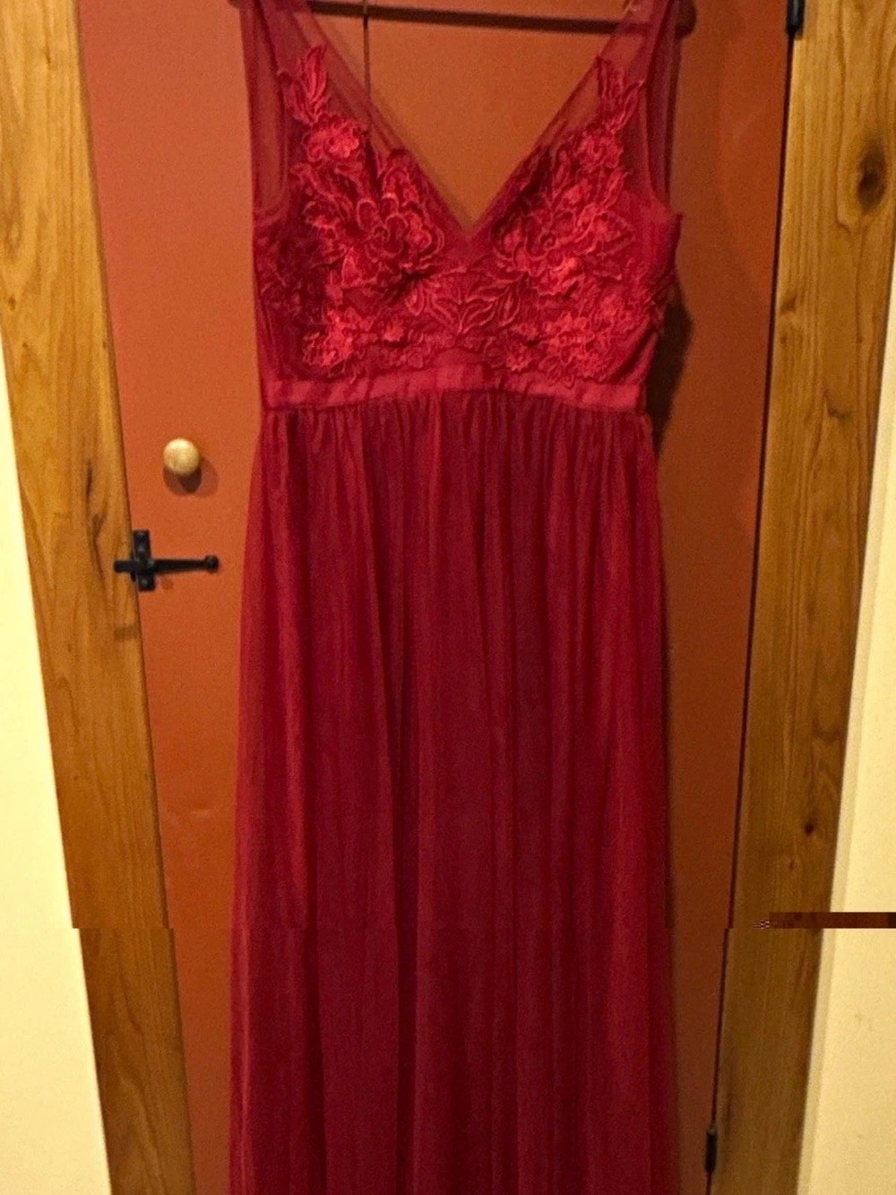 Women's Red Lace Appliqué Maxi Dress with Sheer Bodice